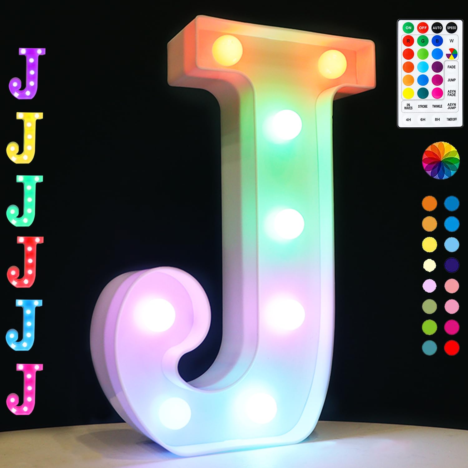 Light Up Colorful LED Marquee Letter Lights, 18 Colors Changing Alphabet Letters Sign with Remote Timer for Night Light Wedding Birthday Party Lamp Christmas Home Bar Decor- Colorful J