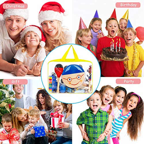 ShinePick Toddler Educational Musical Instruments Toys Set for Kids 15Pcs Wooden Percussion Instruments Tambourine Maracas Harmonica for Boys & Girls Preschool Education with Carry Bag
