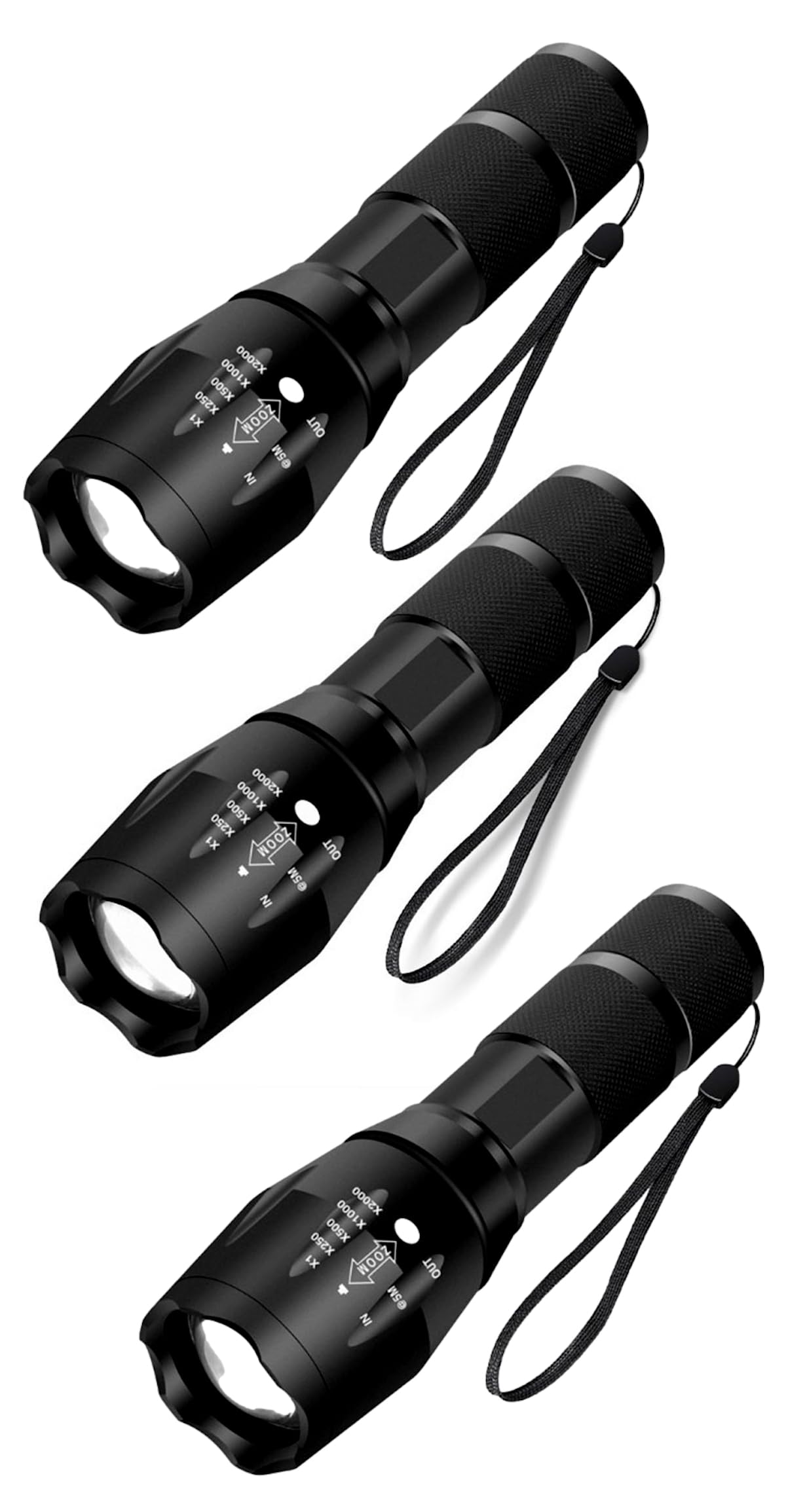 XML T6 LED Battery Powered ZOOM Torch, Super Bright 2000 Lumen Tactical Torch, Hand Flashlight, Adjustable Focus, Waterproof Small Mini Pocket Torch, Strobe SOS Safety Function (Pack of Three Torches)