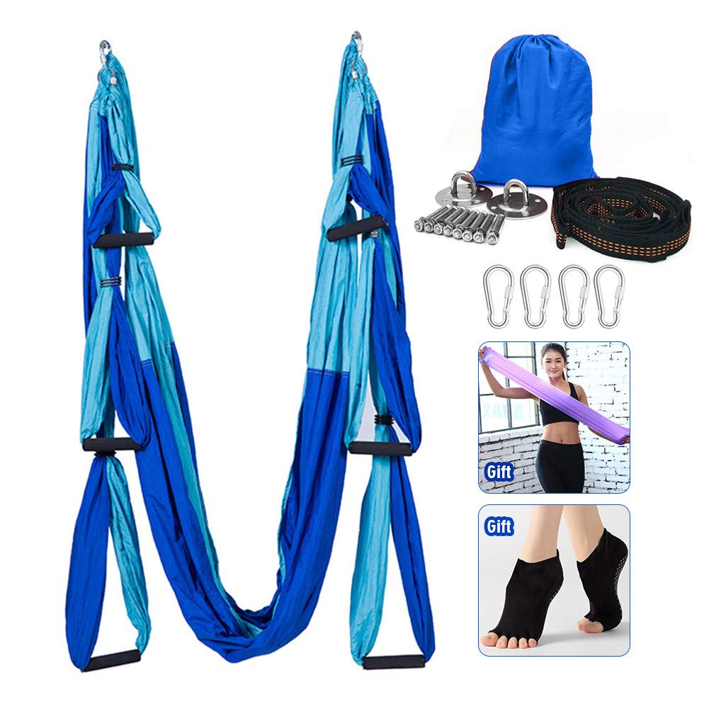 Yoga Hammock, Aerial Yoga Swing Set, Ultra Strong Antigravity Yoga Hammock/Sling/Inversion Tool for Gym Home Fitness (Light blue&Dark blue)
