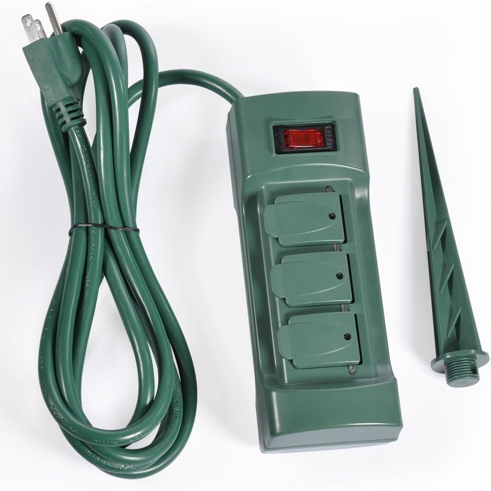 BESTTEN Outdoor Weatherproof Power Strip With Cover And On Off Switch 6 Outlet Yard Stake With 9