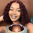 99J Burgundy Wear and Go Deep Wave Bob Wig 4x4 Lace Closure Glueless Wigs Human Hair Pre Plucked Pre Cut 180% Density Short Curly Human Hair Bob Wig for Black Women (Burgundy Wig, 8in)