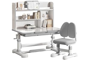 CHIOMEY Kids Functional Desk and Chair Set - Ergonomic Height Adjustable Study Desk with Tiltable Desktop, Book Stand, Reading Rack & Storage Drawer for Children Boys & Girls (Gray)