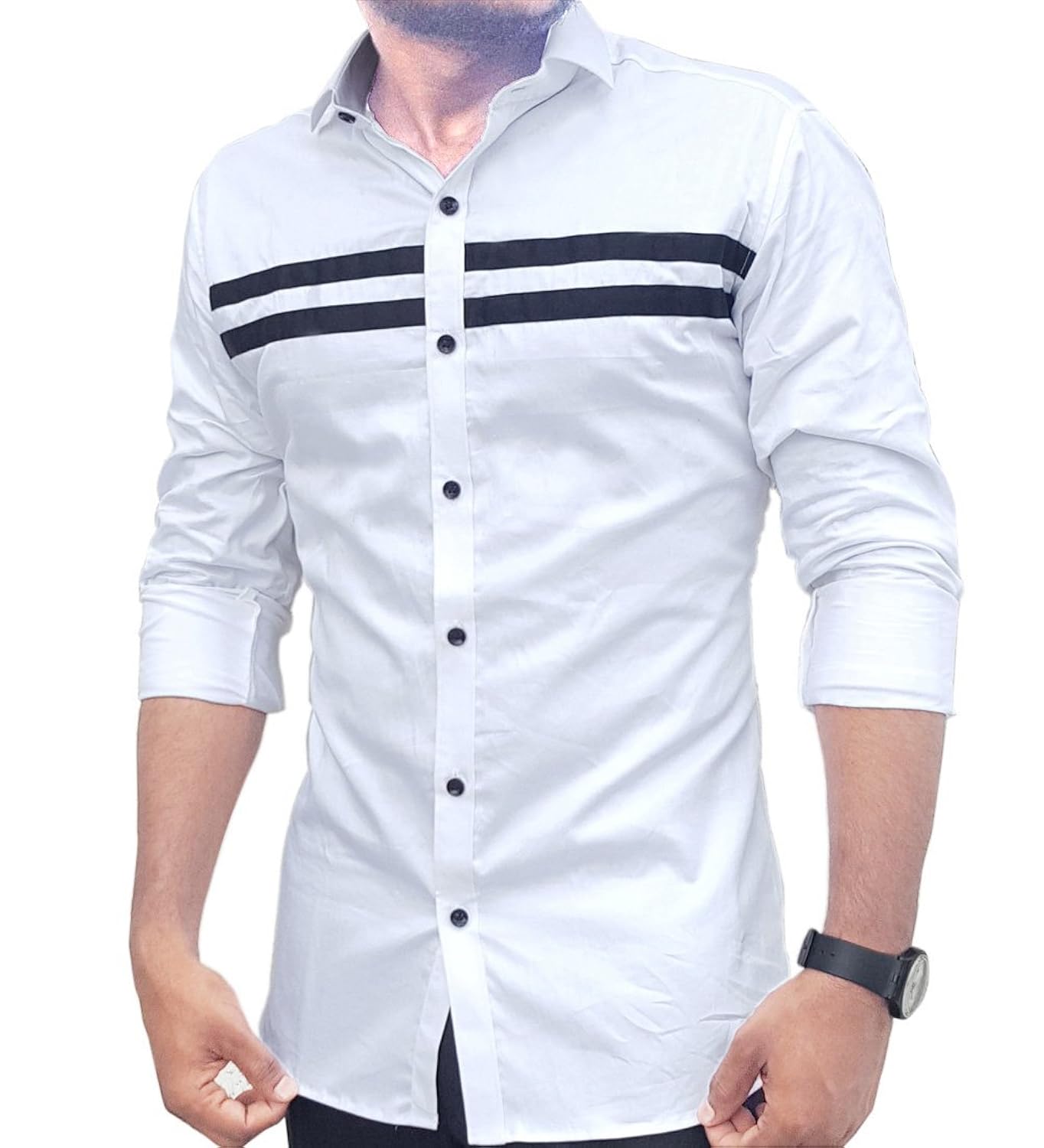 s.n. men's cotton casual long sleeves slim fit shirts white