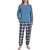 Latuza Women's Petite Pajama Set Crew Neck Knit Top Flannel Jogger Pants