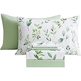 Botanical 6-Piece Full Size Sheets Set, Boho Floral Print Brushed Microfiber Sheets, Cooling Bed Sheet Set, Ultra Soft & Breathable, 16' Deep Pocket Fitted Sheet & Pillowcase Set, Sage Green Leaves