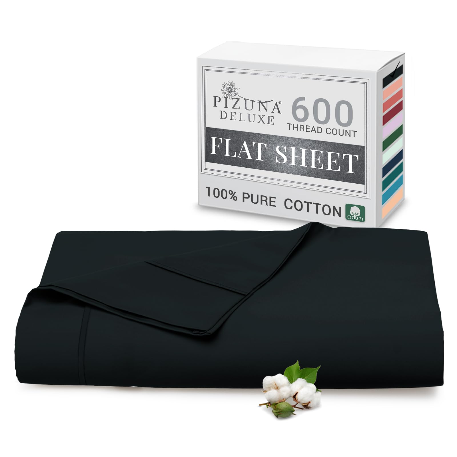 Pizuna Pure Combed Cotton Double Flat Sheet Black, 600 Thread Count Long Staple Brushed Cotton Flat Sheets Double, Cool Sateen Weave Flat Sheet Double Bed (Cotton Flat Sheet Double 1 PC)