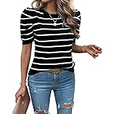 Sumleno Womens Puff Short Sleeve Sweaters Trendy Striped Pattern Short Sleeve Crew Neck Tops Soft Casual Work Knit Pullover