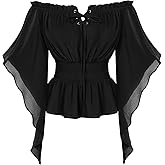 Scarlet Darkness Women Renaissance Shirt Off Shoulder Bell Sleeve Smocked Waist Tops Blouse