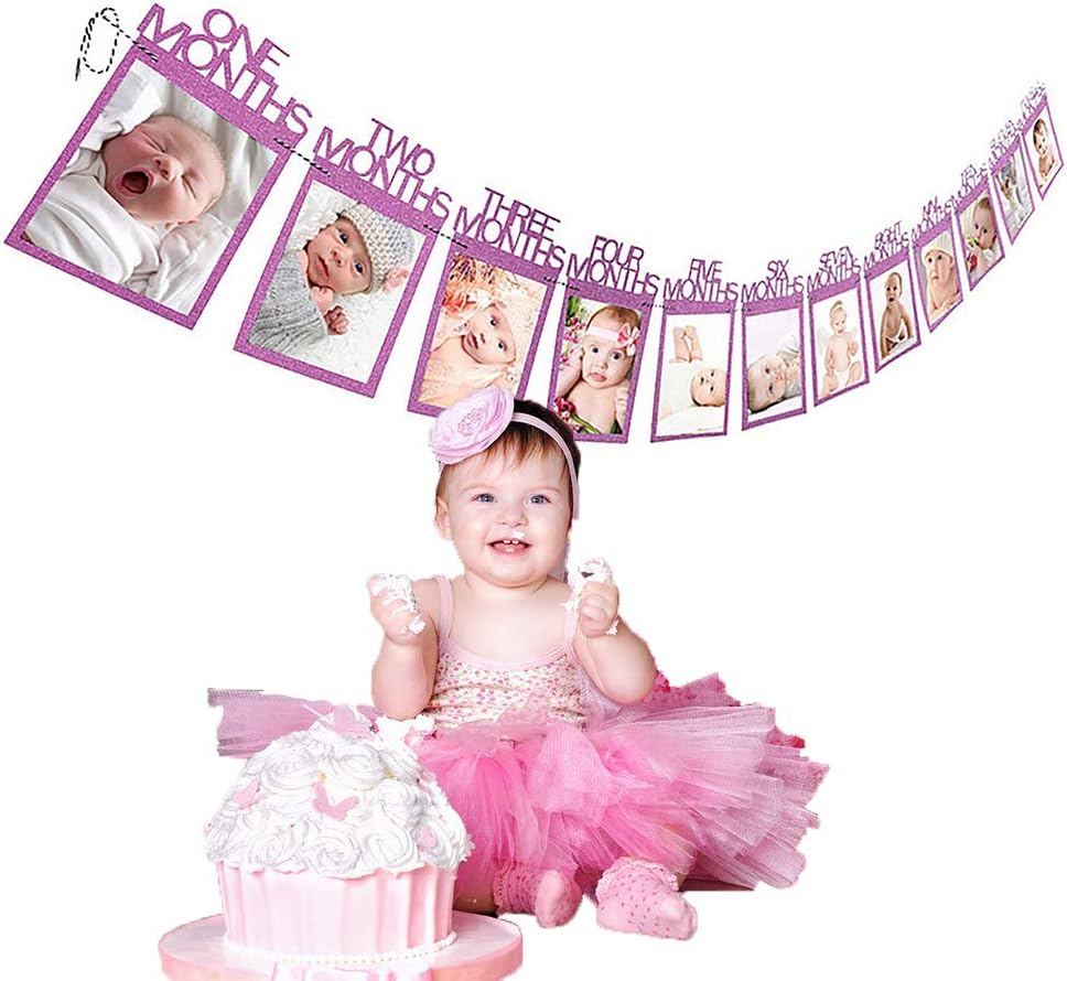 1st Birthday Photo Banner Baby First Birthday Party Decoration 12 Months Baby Photo Bunting Garland Newborn Boys Girls Monthly Milestone Growth DIY Wall Hanging Picture Album for Baby Shower