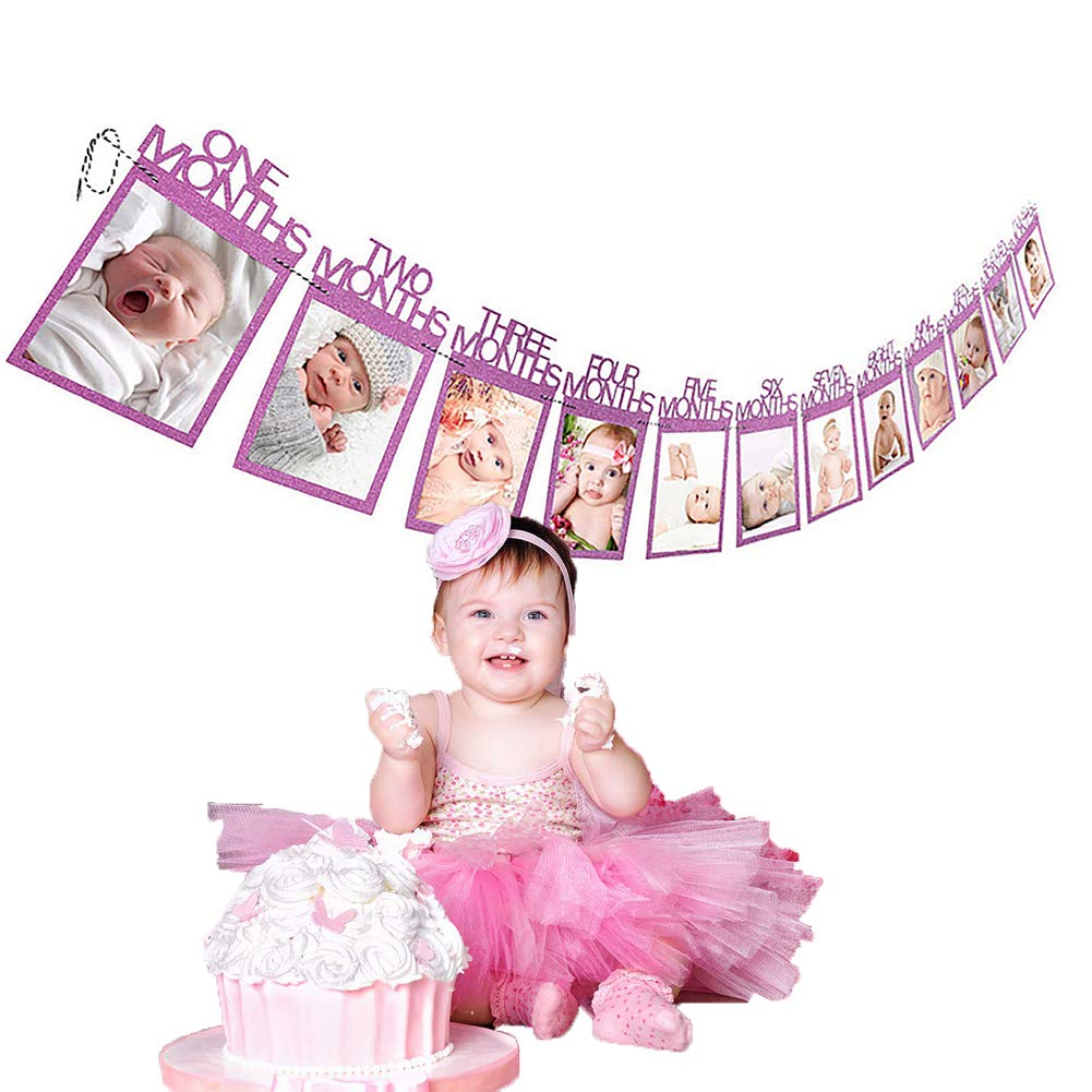 1st Birthday Photo Banner Baby First Birthday Party Decoration 12 Months Baby Photo Bunting Garland Newborn Boys Girls Monthly Milestone Growth DIY Wall Hanging Picture Album for Baby Shower