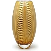 Ca D Oro Murano Style Glass Vase Amber Feather Pattern Hand Blown Art Glass for Flower, Room Decoration and Centerpiece - Mod