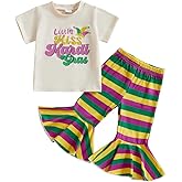 Pudcoco Kids Toddler Baby Girls Mardi Gras Outfit Litte Miss Mardi Gras T-shirt and Striped Bell Bottoms Set