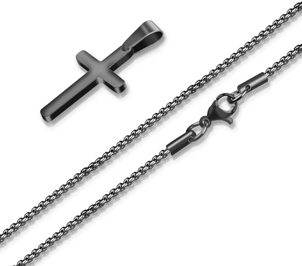 M MOOHAM Small Cross Necklace for Girls Boy Women Men - Cross Necklace Black Steel Plain Cross Pendant Necklace Simple Jewelry Birthday for Boys Teen Girls Child Kids, Cross Necklace 18 Inch | 