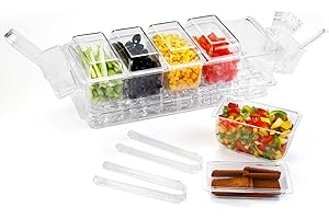 CHILLNSTAY Ice Chilled Condiment Caddy Organizer with Detachable Ice Box & Side Bins, 5 Removable 2.5 Cup Containers with Lids, Clear Garnish Tray Server for Taco Bar, Mimosa, Fruit, Salad, Buffet (BPA-Free)
