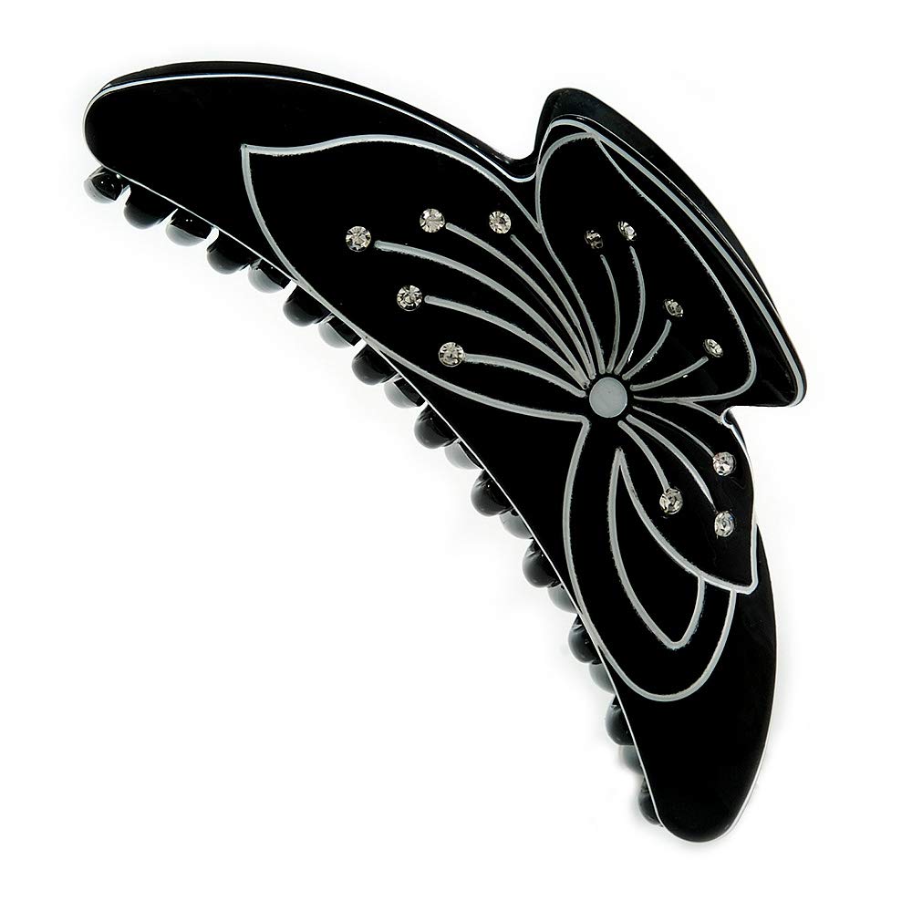 Large Black/White Floral Motif Acrylic Hair Claw/Hair Clamp - 12cm Across