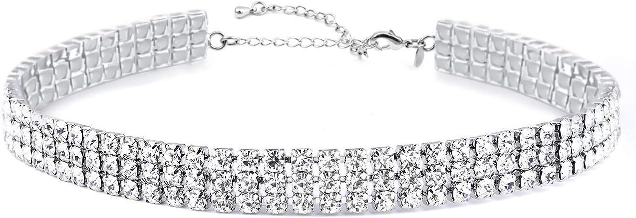 3 Rows Adjustable White Rhinestone Choker Necklace for Women