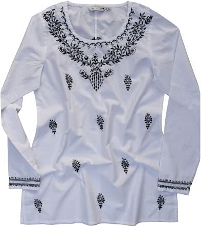 Hand Embroidered Cotton Tunic Top - Kurti Blouse With Scoop Neck, Full Sleeves