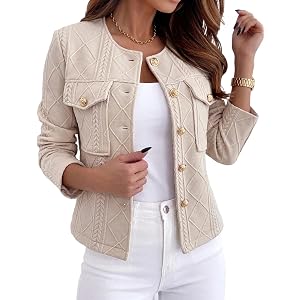 CHICME Womens Bomber Jacket Lightweight Argyle Cable Knit Coat | Long Sleeve Design,Collarless Round Neck,Metal Button Down,F