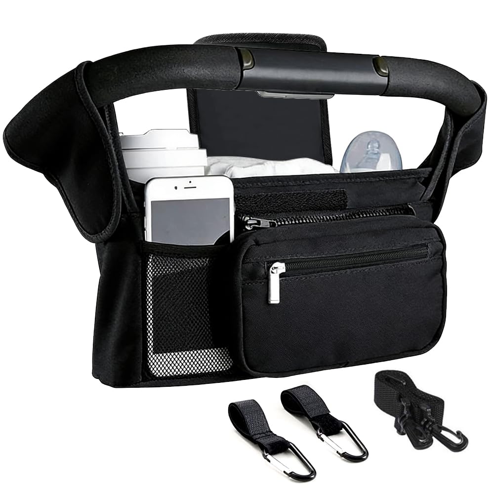 Tyuodna Baby Pram Bag Stroller,Universal Stroller Bag with 2 Insulated Cup Holder,Large Capacity Bag Organiser,Buggy Organiser Bag with Shoulder Strap&Non-Slip Secure Hooks (Balck)