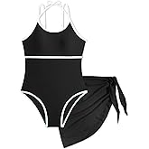 WIQI Girls Swimsuit One Piece Bathing Suit with Cover Up Skirt Girls' Swimwear 9-16Y