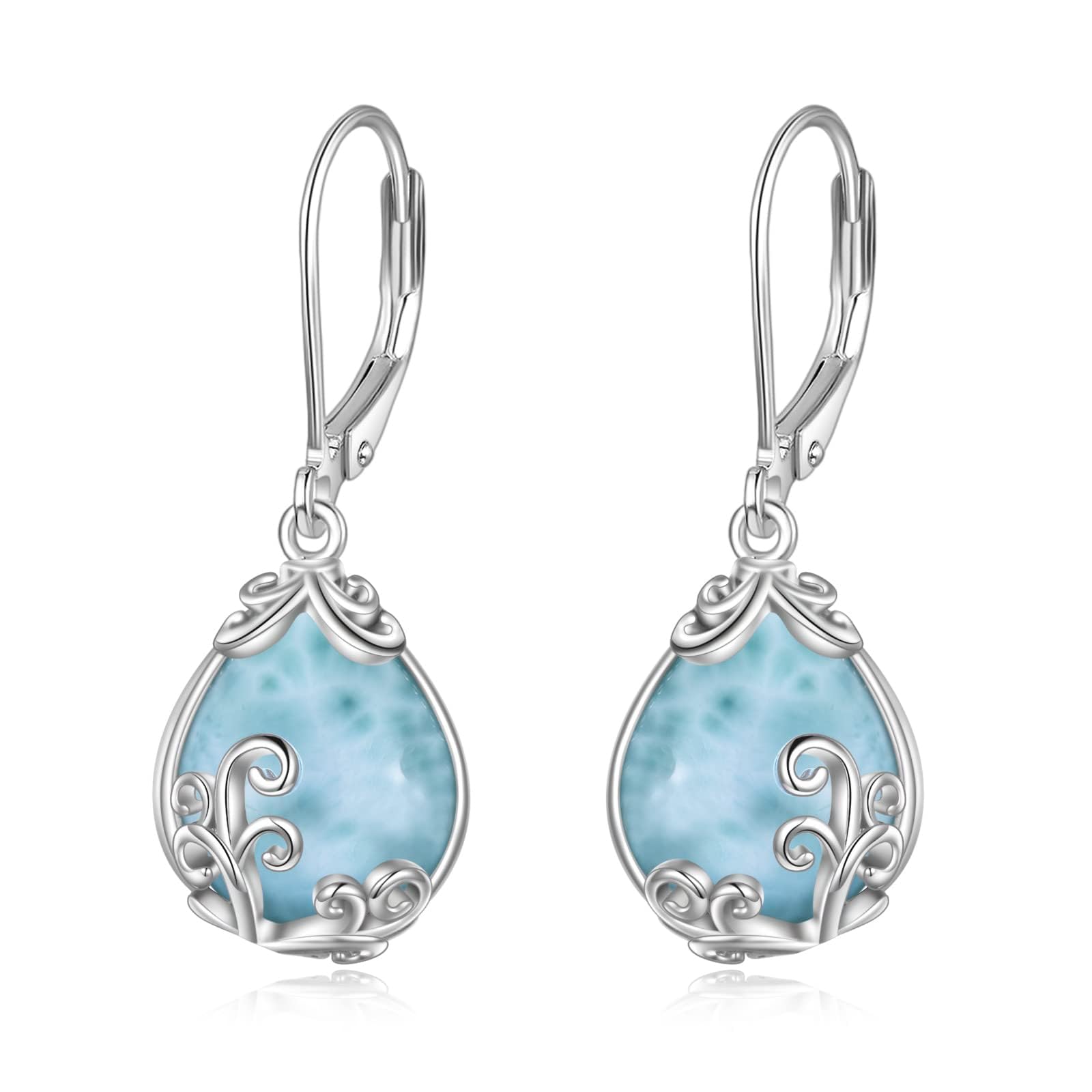 POPLYKE Larimar Earrings Sterling Silver Teardrop Larimar Filigree Dangle Earrings Leverback Earring Jewellery Gifts for Women