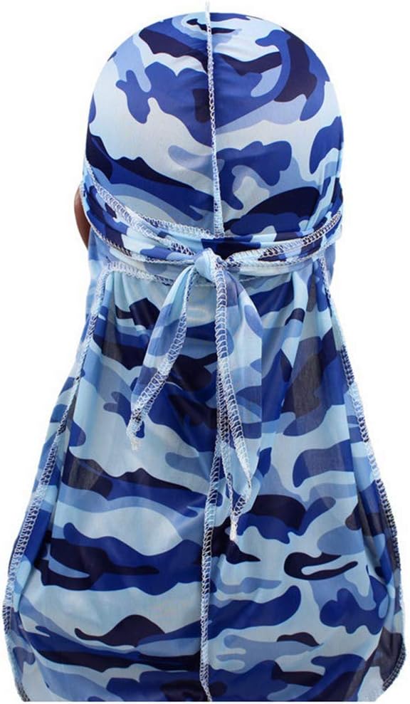 Fashion Military Camouflage Silky Durag Waves Pirate Caps Bandana Beanie Hat Turban Headwraps with Long Tail and Straps for Men and Women