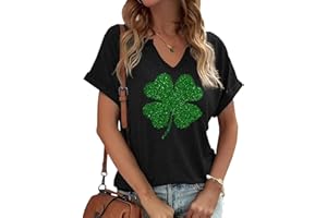 TIXOM St Patrick's Day V Neck Shirts for Womens Irish Shamrock Graphic Tee Funny Lucky Heart Printed Short Sleeve Shirts Tops