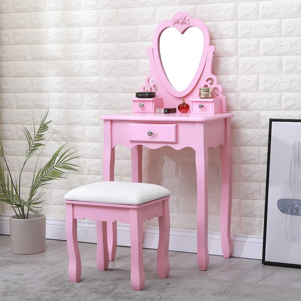 Amazon Sanery サネリー ドレッサー 子供用 姫系 化粧台 可愛い ドレッサーテーブル 鏡台 学生 引き出し 浮彫 猫脚 幅69ｃｍ 姿見 収納 椅子付き メイク台 おしゃれ 木製 組立 2点セット ピンク 鏡台 ドレッサー オンライン通販