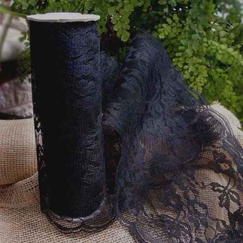 Black Lace Table Runner, 9 Inches Wide x 10 Yards Long, Elegant Centerpieces, Fashionable Floral Pattern, Vintage Shabby Chic Wedding, (Black), (Set of 2)