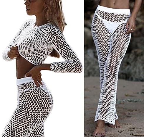 Womens Fishnet Hollow Out Beach Cover up Sets Long Sleeve Mesh Crop Top Long Pants Suits Bikini Swimwear Smock (White, L)