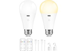E26 Rechargeable Light Bulbs with Remote Control, Battery Operated A19 Light Bulb for Lamps, Dimmable, 3 Color Temperatures, 