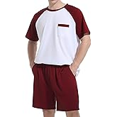 Guriyzee Mens Pajamas Set Summer Pjs Sleepwear Lightweight Loungewear Soft Short Sleeve Sleep Set With Pocket S-2XL