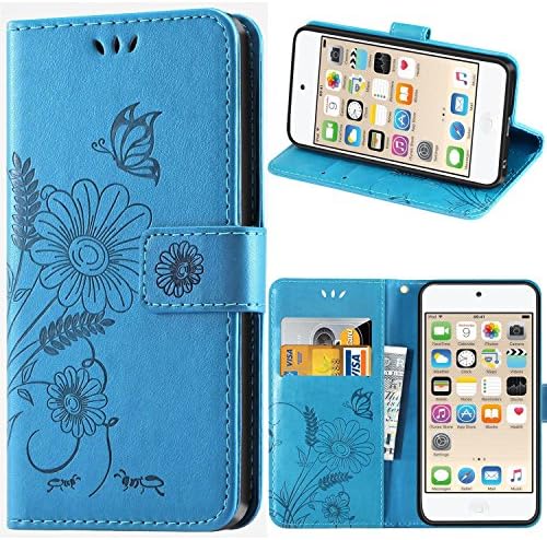 iPod Touch 5 Case, iPod Touch 6 Case, kazineer Premium PU Leather Flip Case Protective Cover [Flower Pattern] with Kickstand for Apple iPod Touch 6th, 5th Generation (Turquoise-blue)
