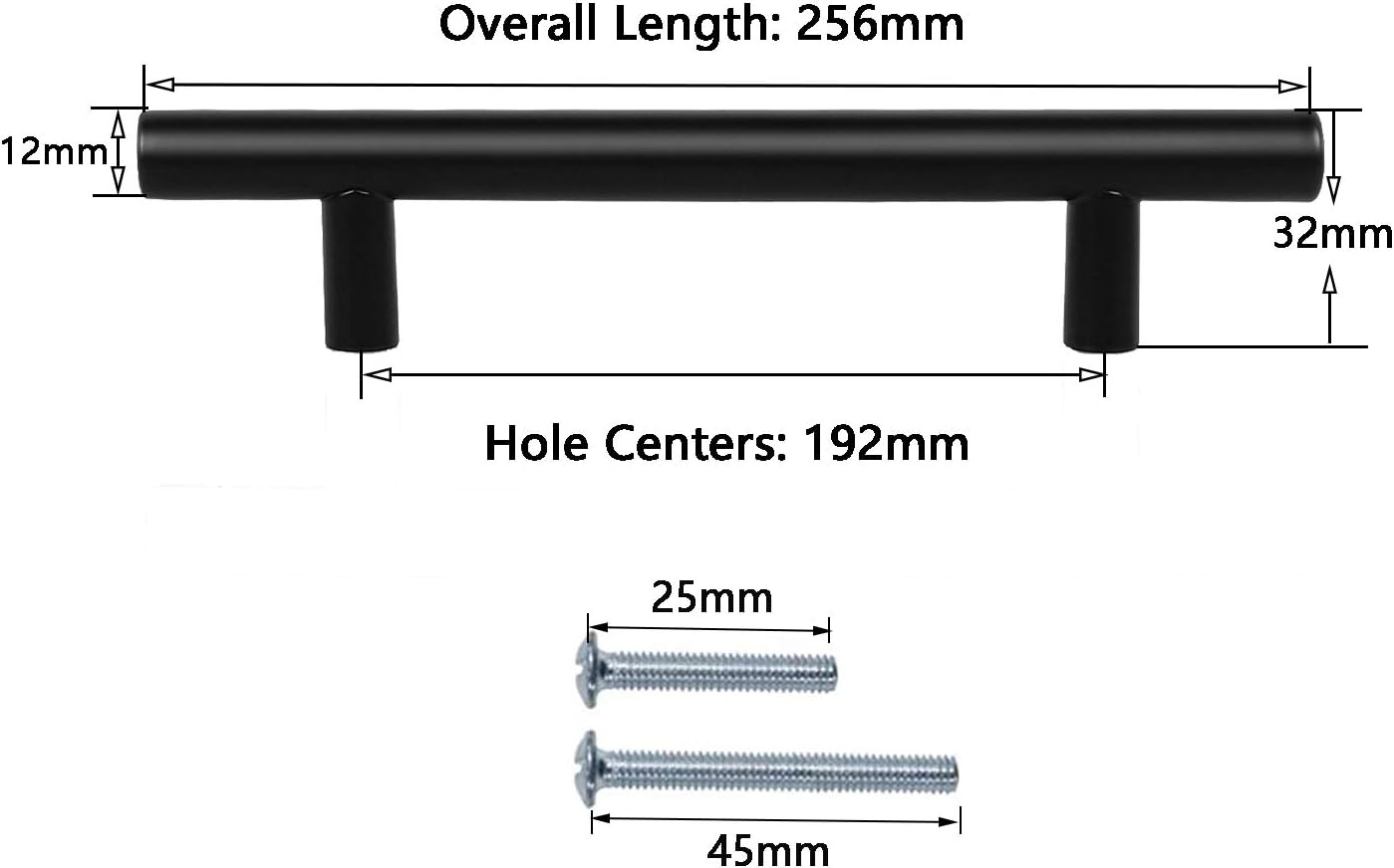 PinLin 5 Pack Kitchen Door Handles 192mm Hole Centre Flat Black Cabinet ...