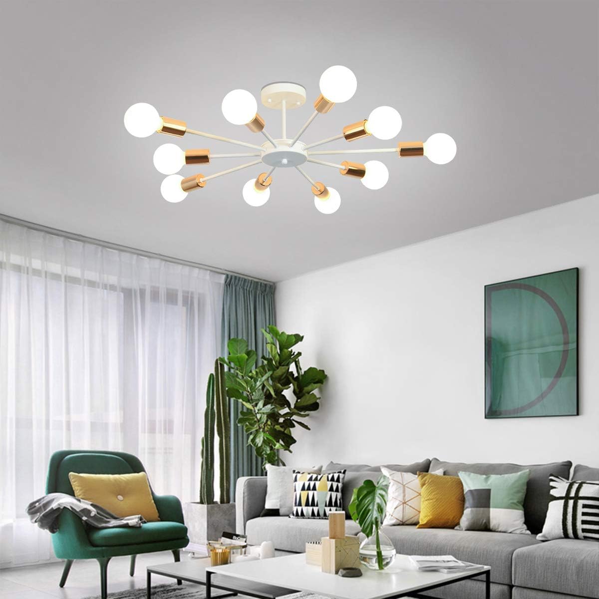Jaycomey Flush Mount Ceiling Light, Modern White Sputnik Chandeliers, 10-Light E26 Base Industrial Semi Ceiling Lights Fixture for Bedroom Living Room Kitchen Farmhouse - - 