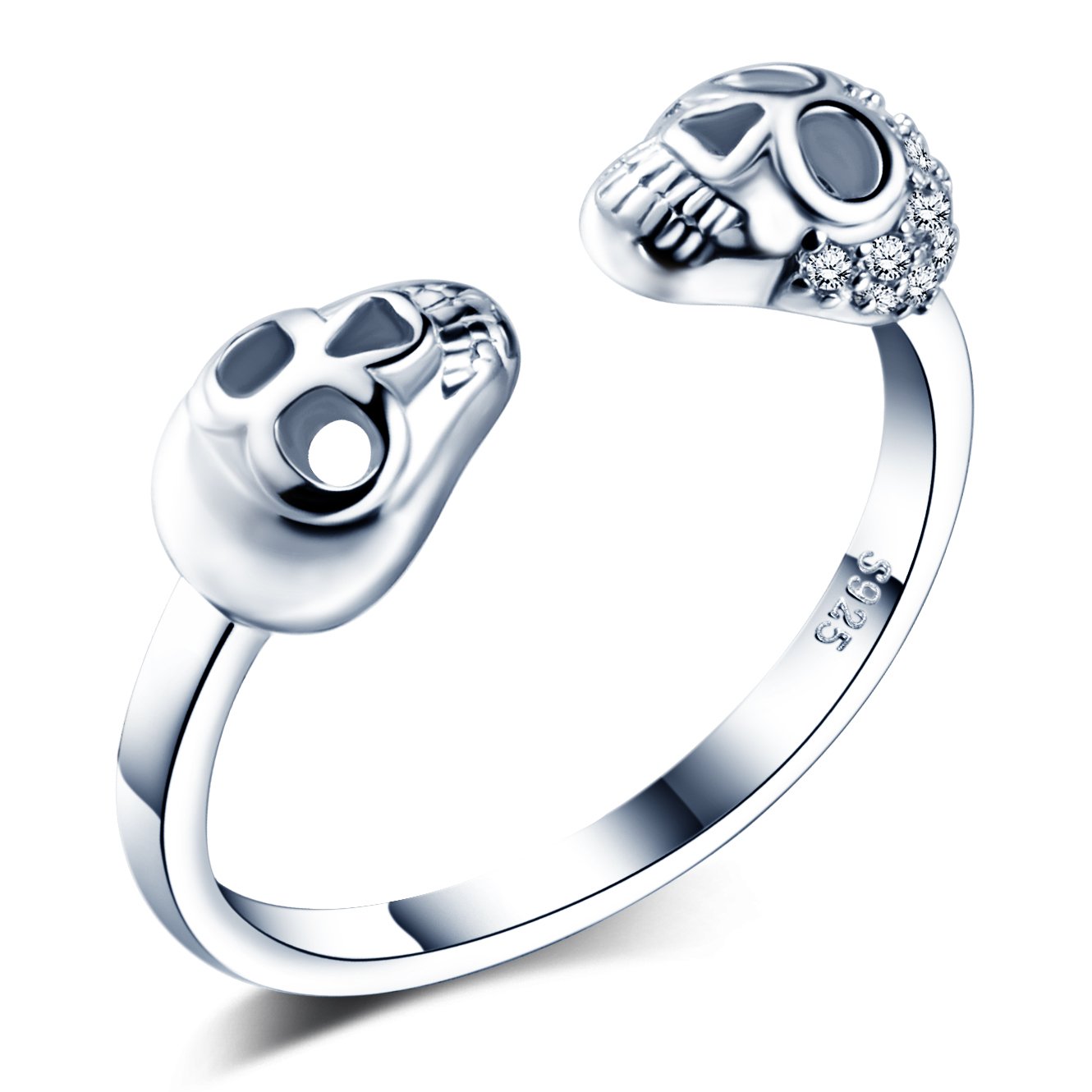 Infinite U Unique Double Skulls 925 Sterling Silver Cubic Zirconia Girls Band Ring Open Ring, Adjustable Size L-P