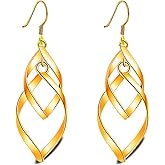 MALOYANVE Double Twisted Linear Swirl Wire Earrings for Women Dainty 18K Gold Boho Classic Infinity Linear Marquise Loops Dangle Drop Statement Earrings Jewelry Gifts