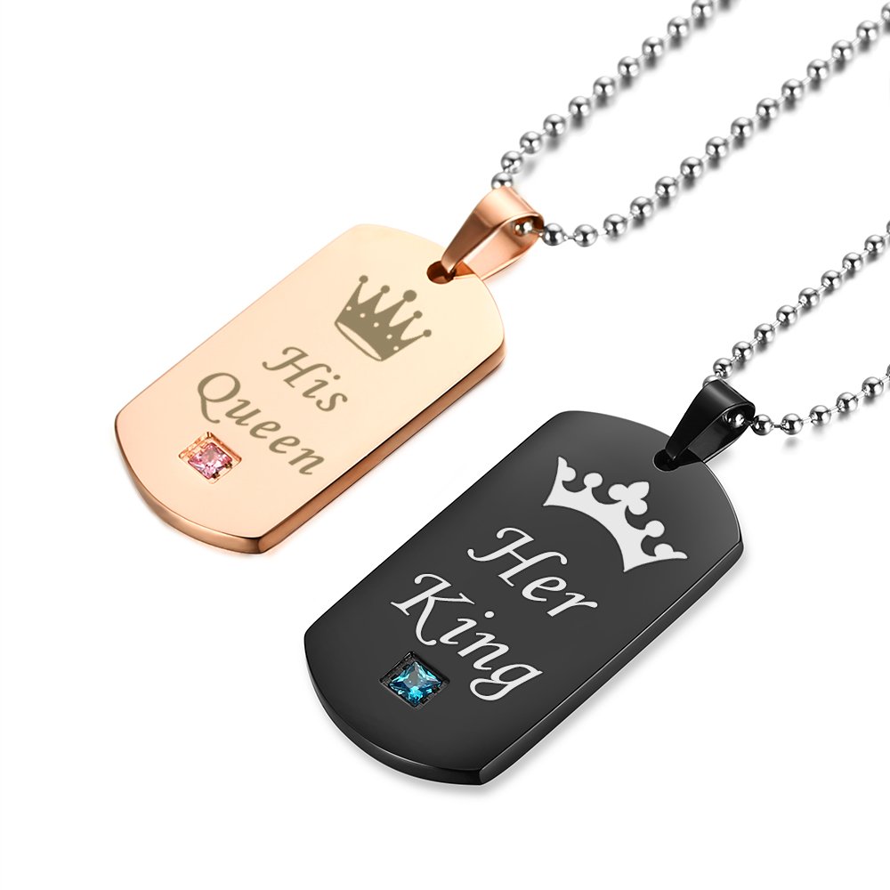Gagafeel Couple Necklace Crown Tag Queen & King His Hers Titanium Stainless Steel Pendant Matching Set Gift for Lover (Black+Rose Gold)
