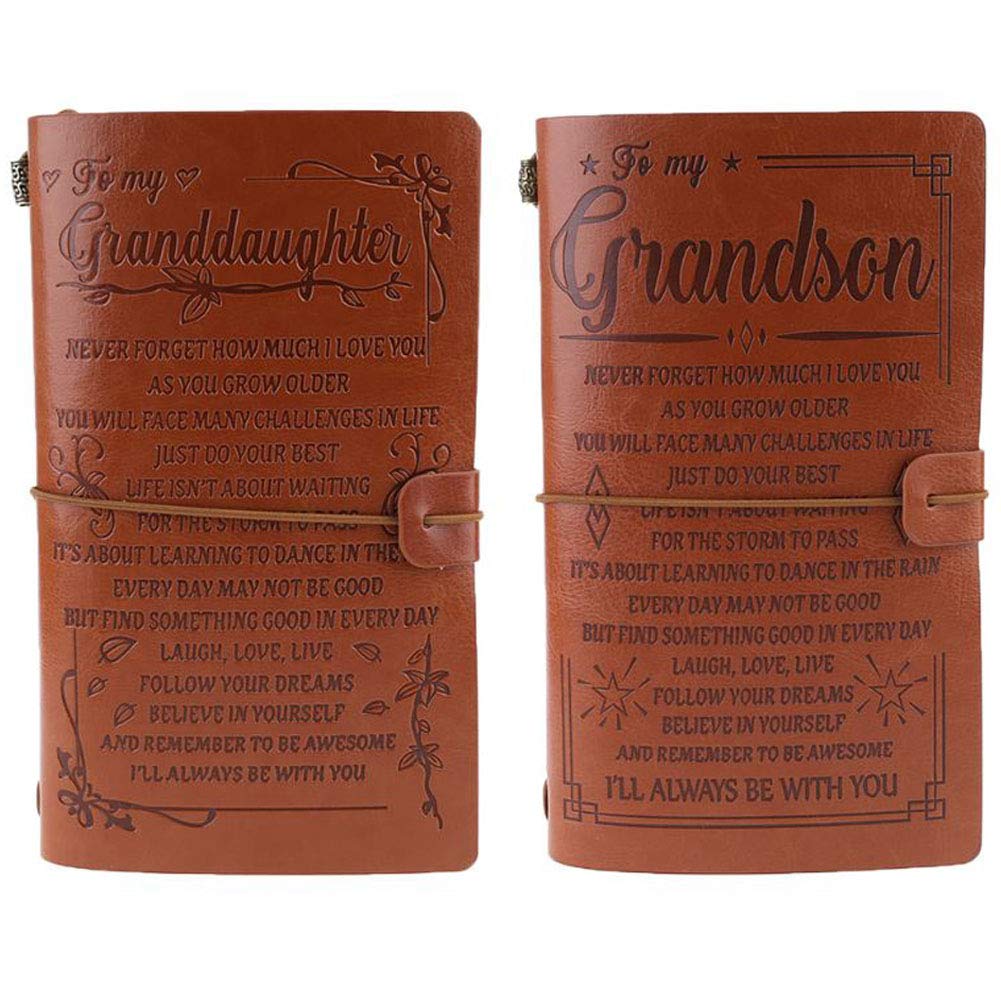 2 PCS Vintage Engraved Faux Leather Journal Notebook Diary to Grandson Granddaughter Travel Notepad Gift 20x12cm School Christmas Wedding Trip Birthday Graduation Gift Gifts for Grandchildren
