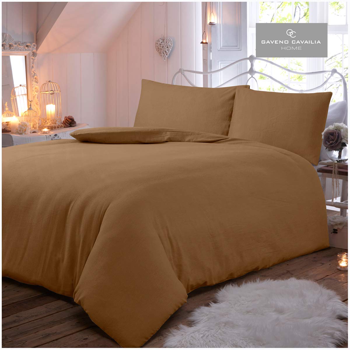 GC GAVENO CAVAILIA Luxury Quality Plain Dyed Thermal Flannelette Duvet Cover and Pillowcases, Cotton, Latte, Double