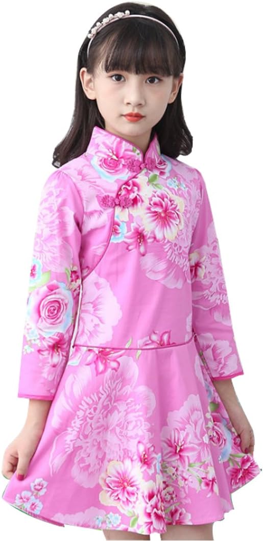 WINZIK Little Baby Girls Kids Outfits China Style Floral Pattern Long Sleeve Slim Cheongsam Chinese Qipao Mini Princess Dress