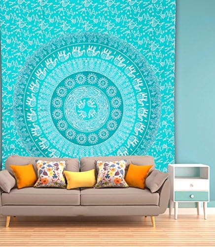 Arohi Indian Mandala Tapestry Cotton Twin Size Wall Hanging Throw Bohemian Boho Throw Cotton Wall Hanging Hippie Tapestry for Dorms, College Tapestries (Turquoise)