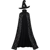 GRAJTCIN Women's Witch Cape Wizard Vampire Full Length Shiny Star Velvet Cloak with Witch Hat Halloween Christmas Costume Set