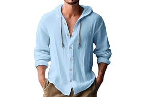 xoxingysm Mens Long Sleeve Linen Shirts Hooded V Neck Button Up Hoodies Casual Vacation Hawaiian Beach Yoga Hippie Shirts