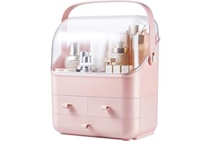 SUNFICON Pink Makeup Organizer Holder Cosmetic Storage Box with Dust Free Cover Portable Handle,Fully Open Waterproof Lid, Dust Proof Drawers,Great for Bathroom Countertop Bedroom Dresser