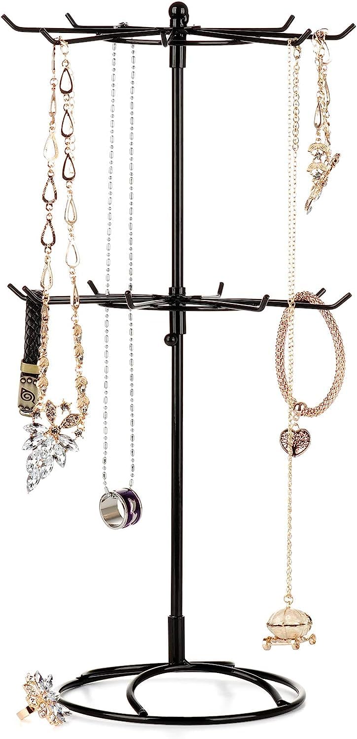 Rylod 2 Tier Rotating Jewelry Display Stand, Necklace Holder Jewelry Tree Bracelet Stand Display Organizer for Necklaces Bracelets Earrings Rings, Black, 5.9x16.3in (WT063011-8885-1946076852)