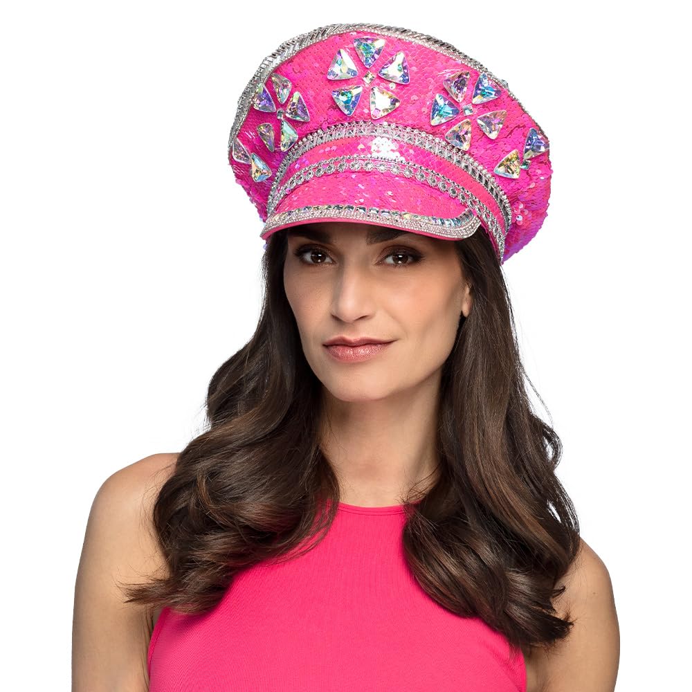 Boland 33035 Burning Man Hat Pink Peaked Cap with Sequins, Hat for Costumes, Festival, Carnival and Theme Party