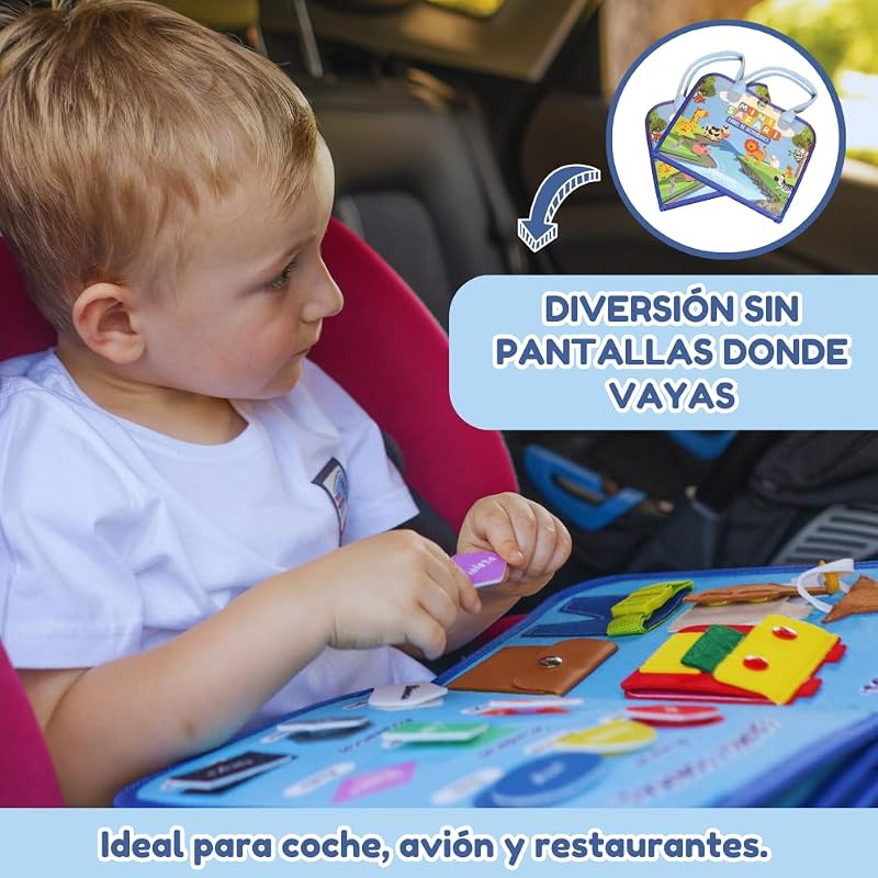 Tabuleiro Ocupado Montessori EM ESPANHOL – 3, 4 e 5 anos, Brinquedo de Viagem Portátil Educativo Sensorial Motricidade Fina e Aprendizagem, Livro de feltro Montessori, Presente para Raparigas e Rapazes