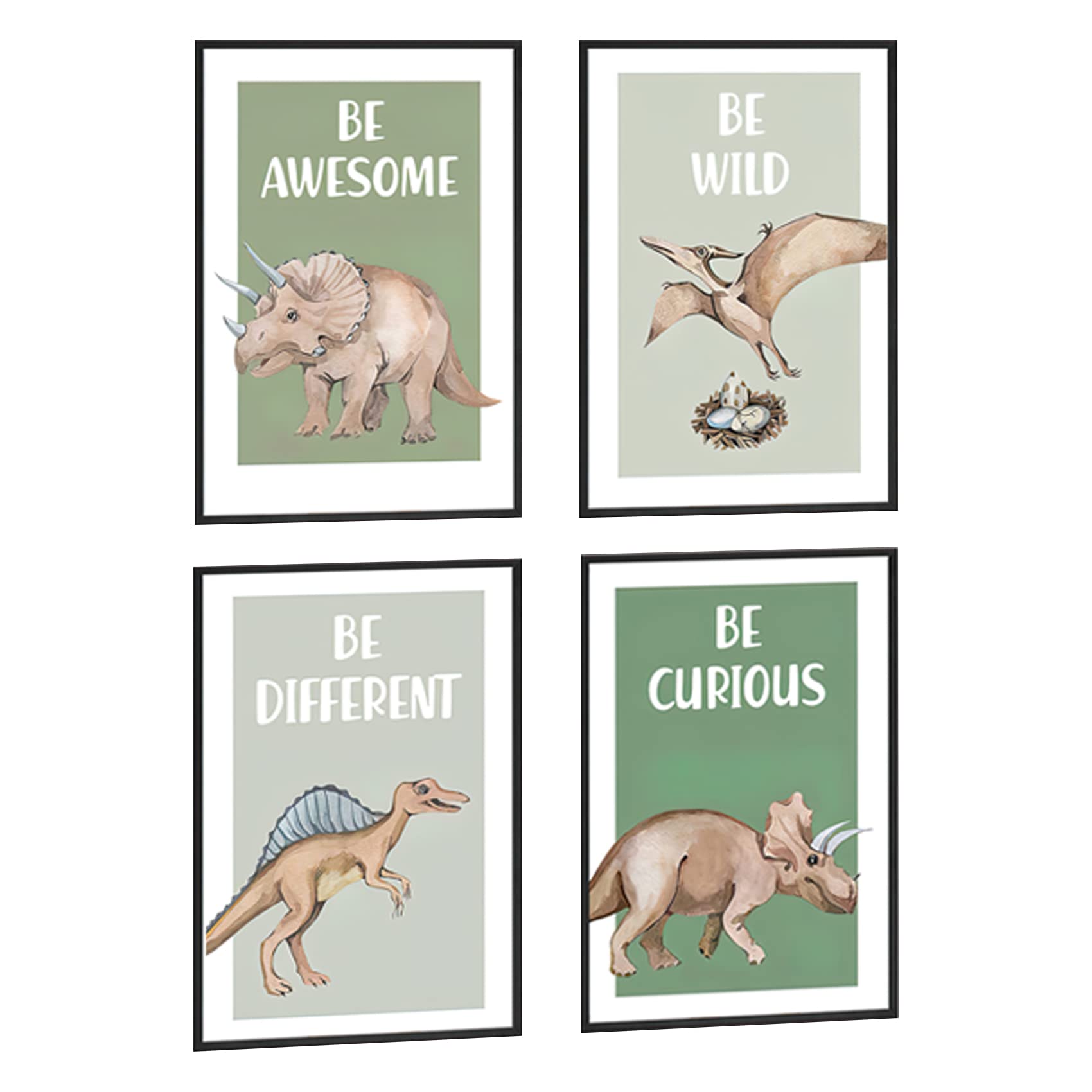 4 Pieces Wall Art Canvas Poster Inspirational Quotes - Dinosaur Cartoon Animals Picture Painting - Prints Framed for Home Kids Room Decor - 8'' X 12'' — image 1
